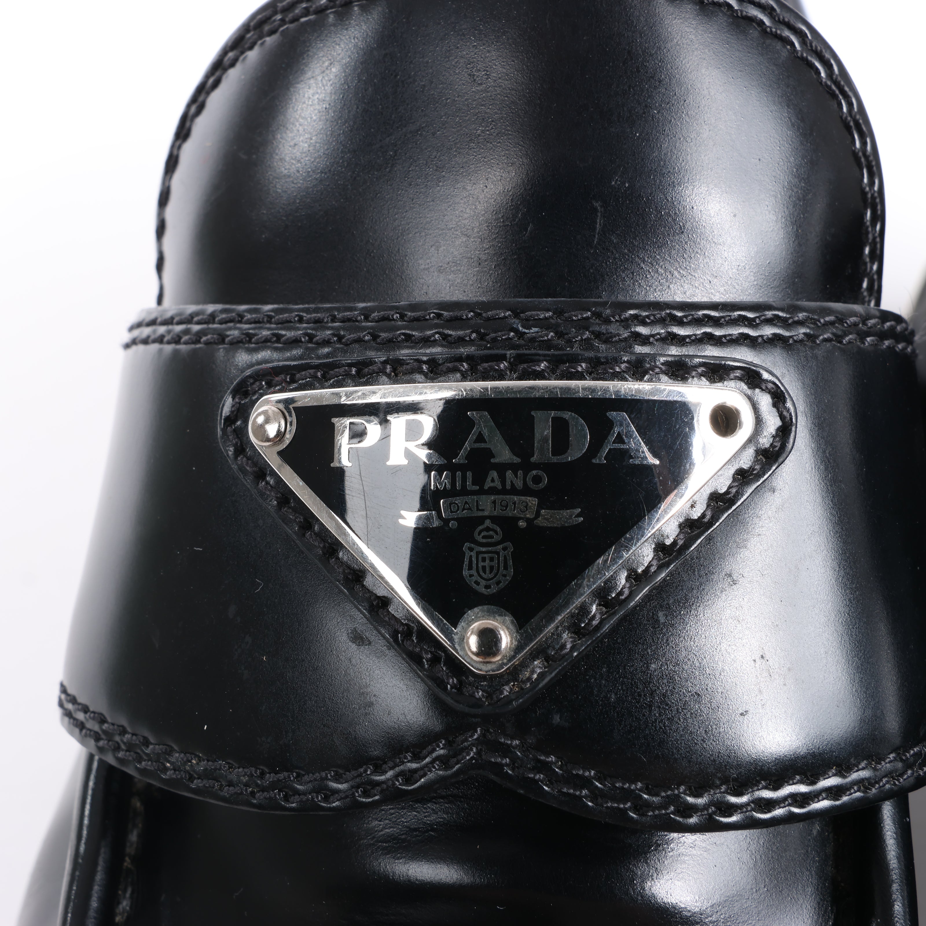 PRADA Spazzolato Triangle Logo Monolith Pointy 55mm Loafers in Black, Size 38.5 EU