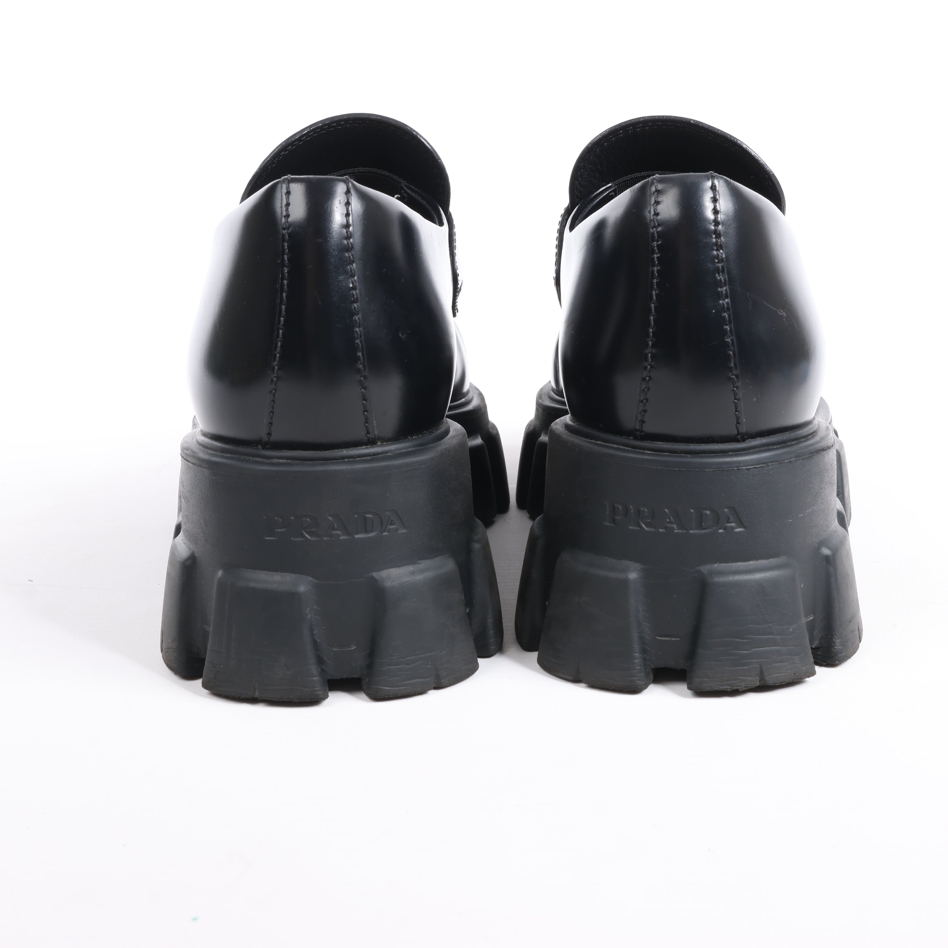 PRADA Spazzolato Triangle Logo Monolith Pointy 55mm Loafers in Black, Size 38.5 EU