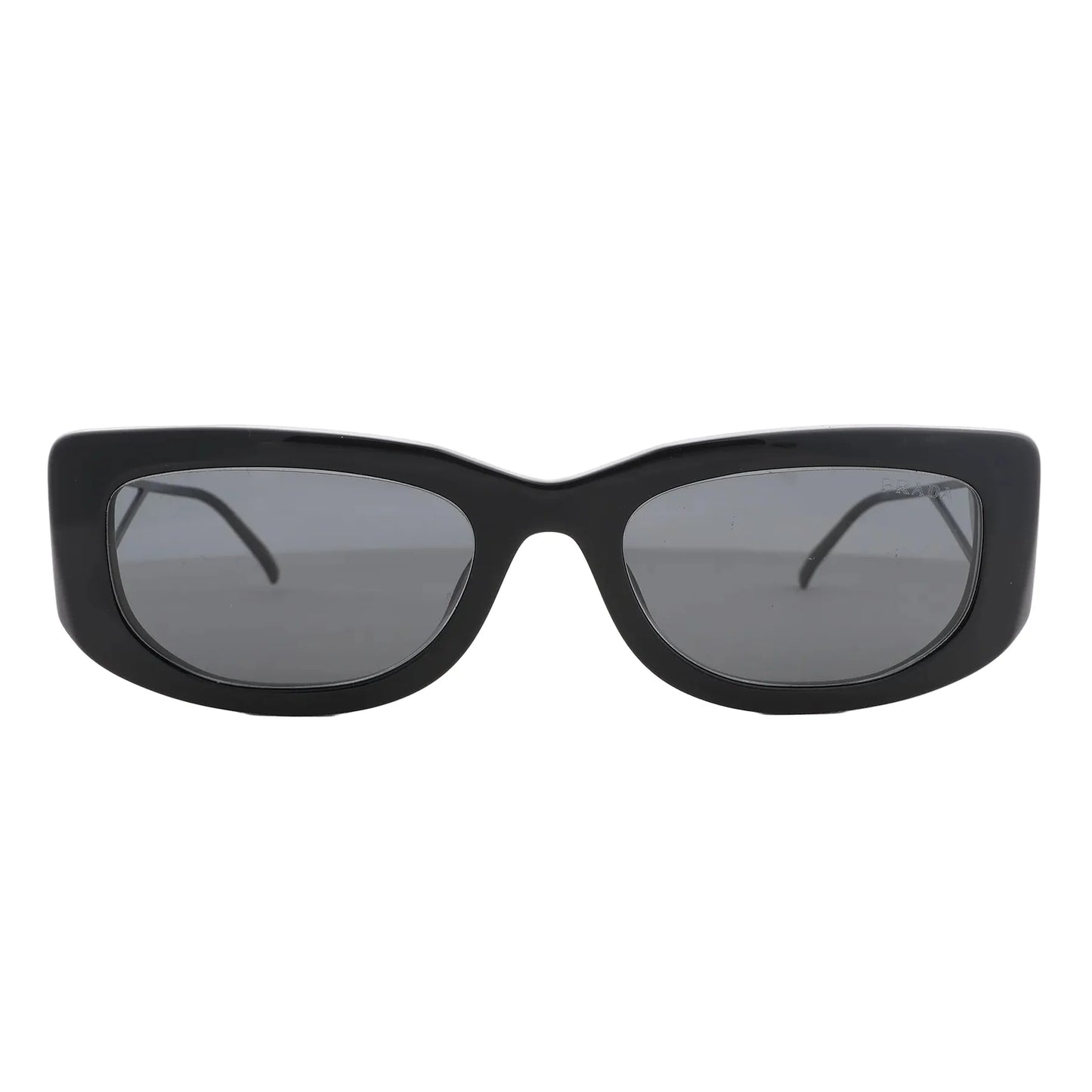Prada PR 14YS Sunglasses in black, featuring a thick rectangular acetate frame, dark tinted lenses, and subtle branding on the temples, displayed against a white background.
