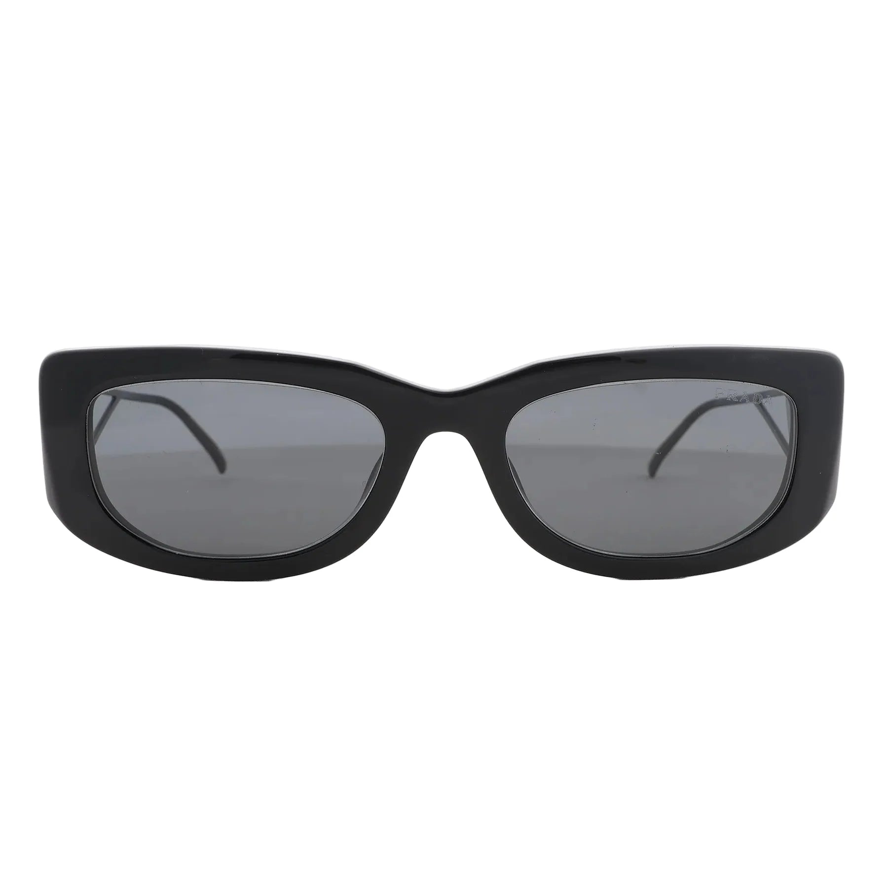 Prada PR 14YS Sunglasses in black, featuring a thick rectangular acetate frame, dark tinted lenses, and subtle branding on the temples, displayed against a white background.