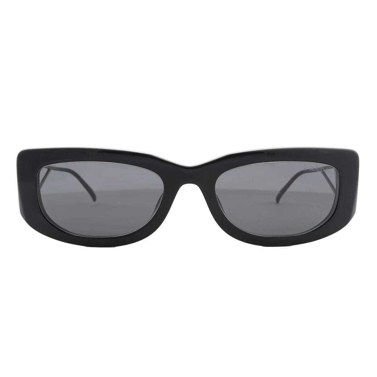 Prada PR 14YS Sunglasses in black, featuring a thick rectangular acetate frame, dark tinted lenses, and subtle branding on the temples, displayed against a white background.
