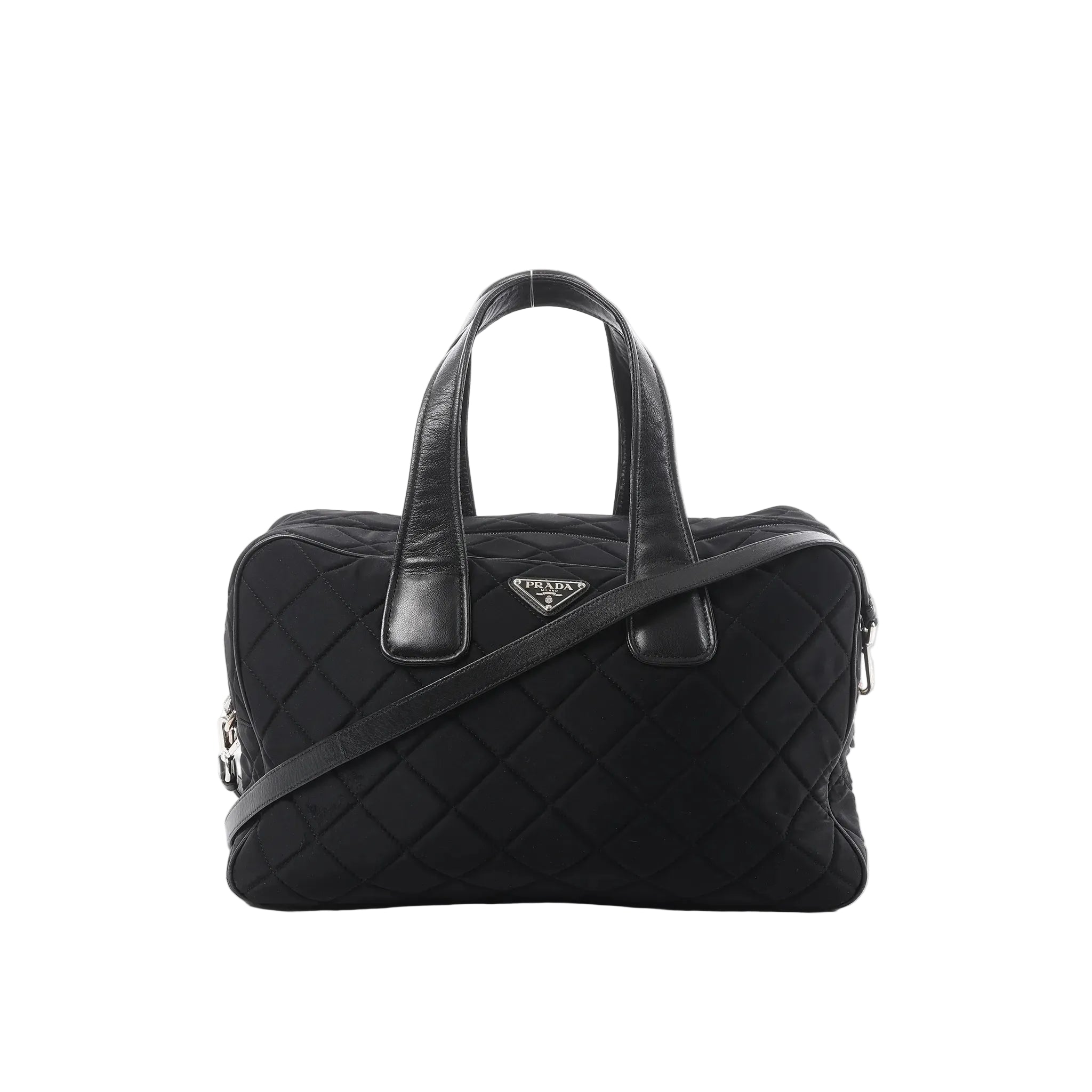 Prada black quilted nylon handbag with leather top handles, detachable shoulder strap, zip closure, and triangular Prada logo plaque on a white background.