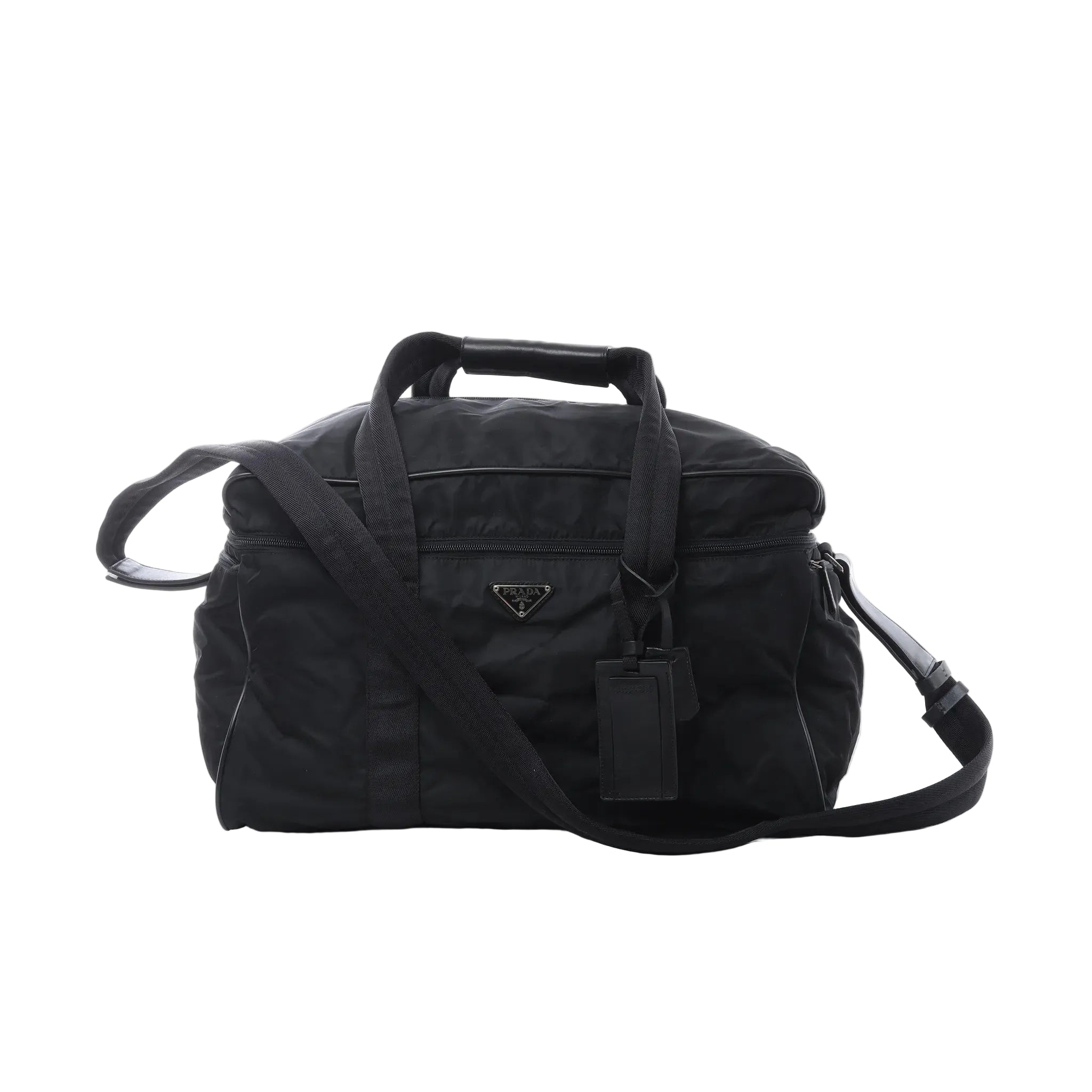 Prada Tessuto black nylon and leather 2-way handbag with dual top handles, detachable shoulder strap, front zip pocket and Prada triangle logo plaque.
