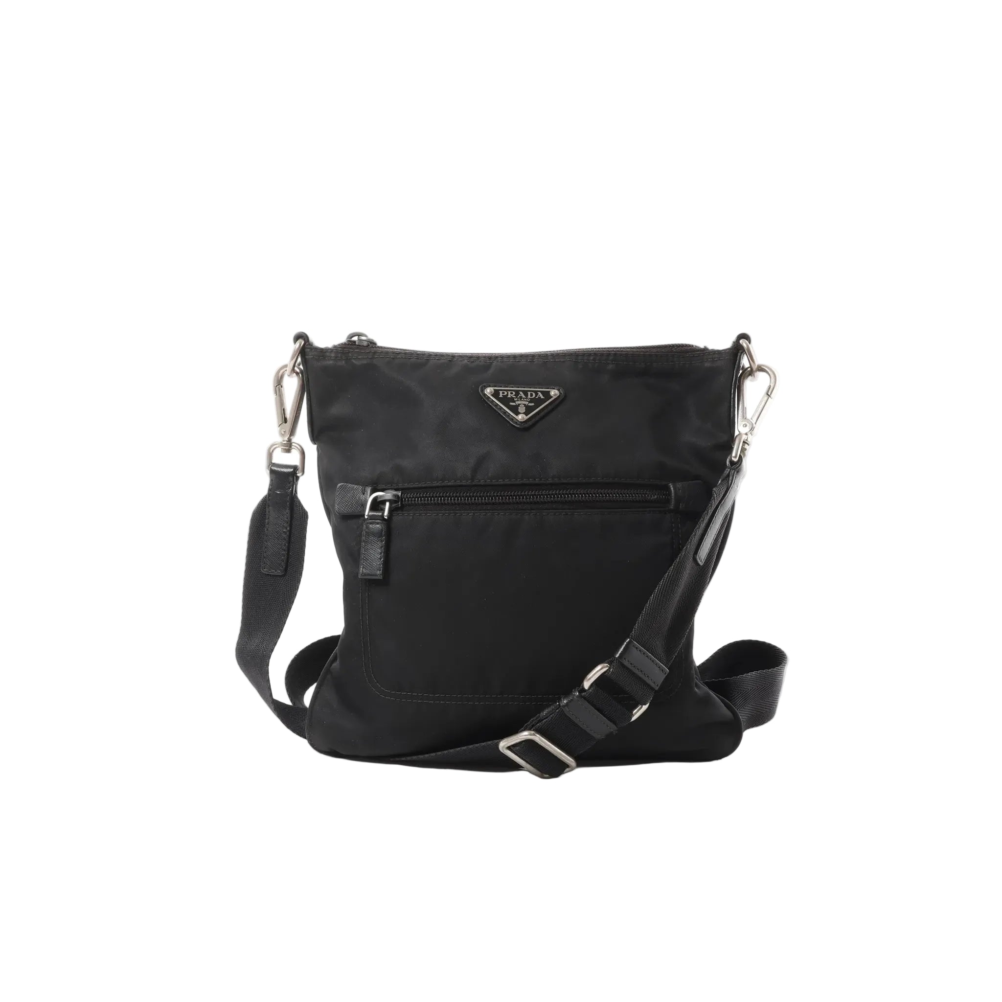 Black Prada Tessuto nylon crossbody bag with triangle logo plaque, front zip pocket, adjustable web strap and silver-tone hardware