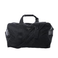 Front view of Prada black Tessuto nylon duffel bag with webbing handles, detachable shoulder strap, leather trim panels, and Prada triangle logo plaque.