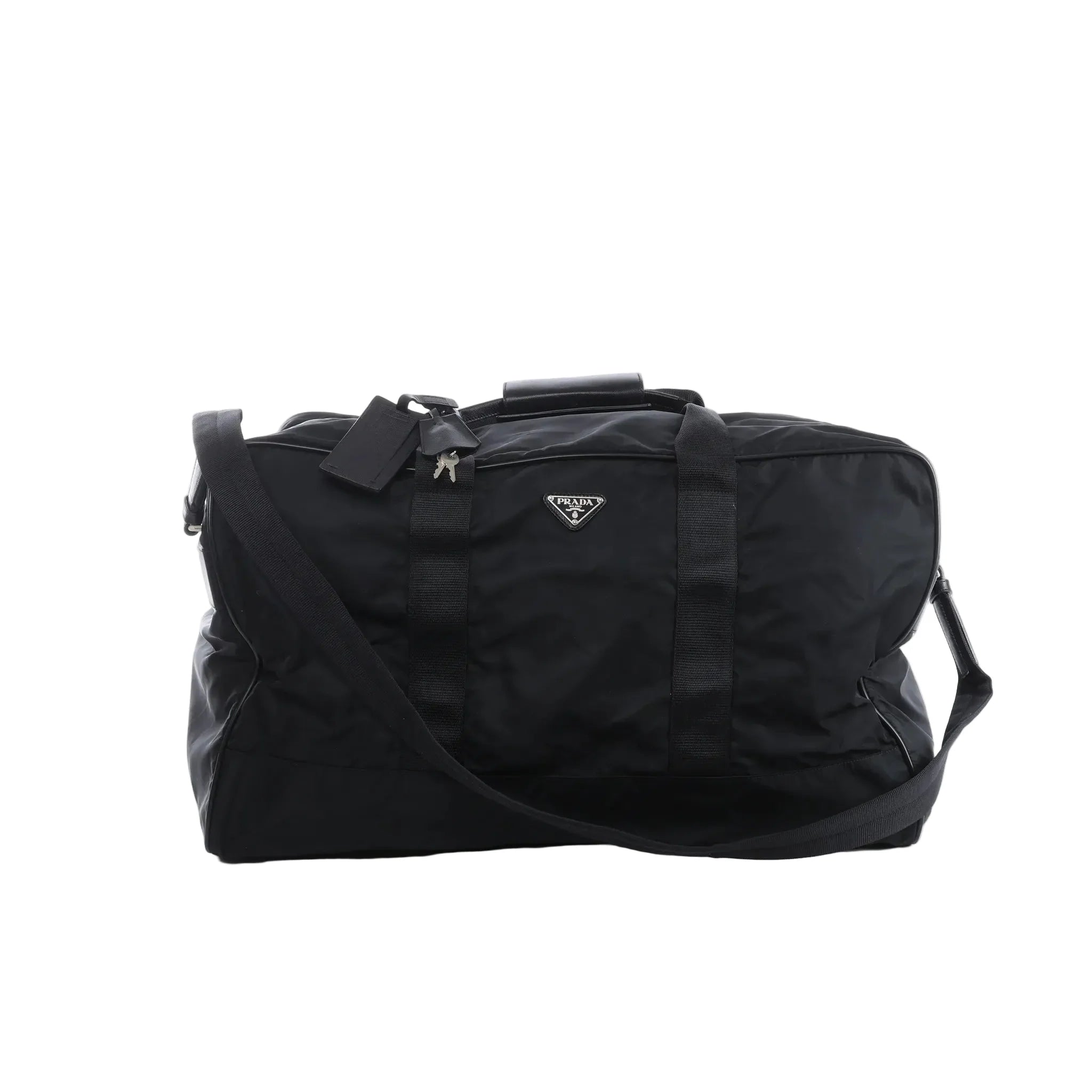 Prada Tessuto black nylon and leather 2Way travel bag with dual top handles, detachable shoulder strap, zip-top closure and signature Prada triangle logo plaque.