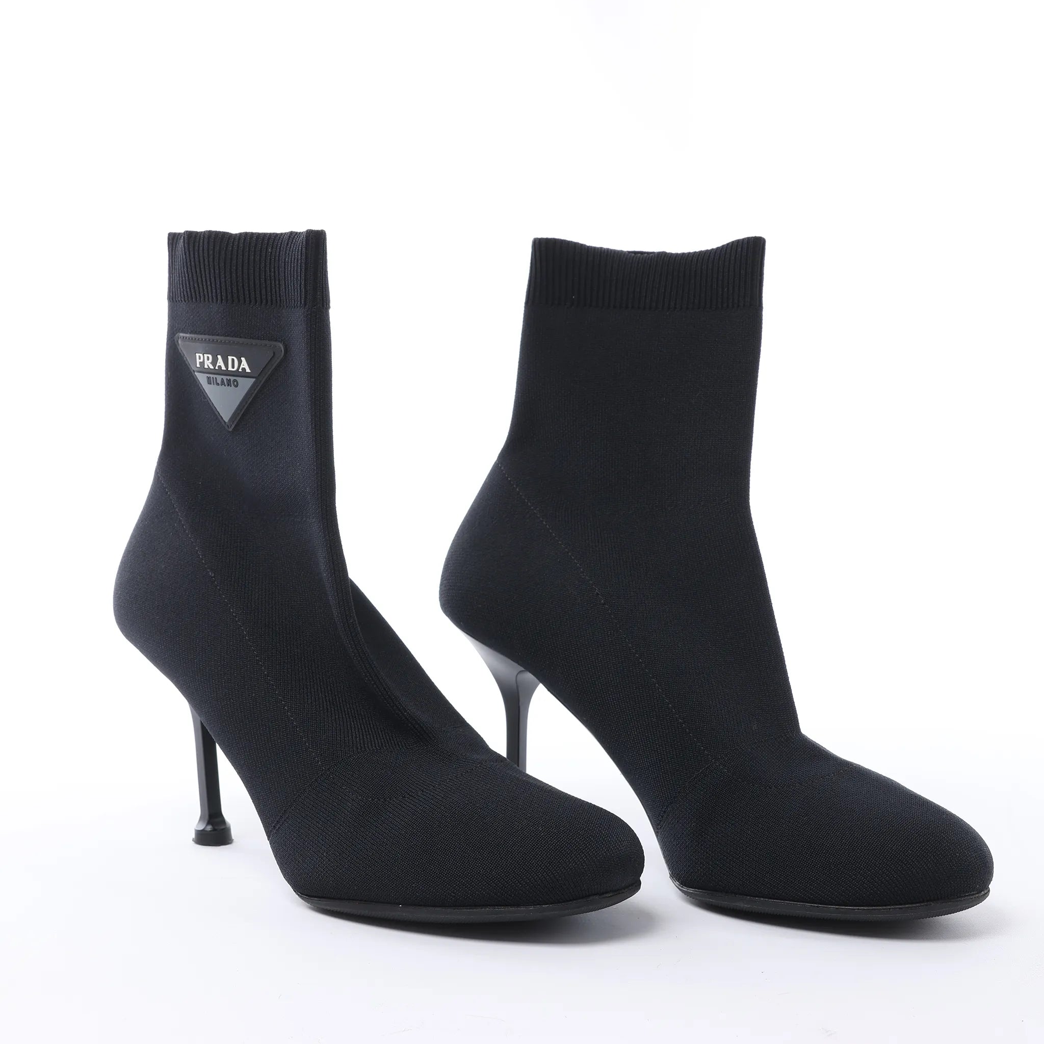 Prada Triangle Logo Leather x Fabric SOCK BOOTS in Black, Size EU 38