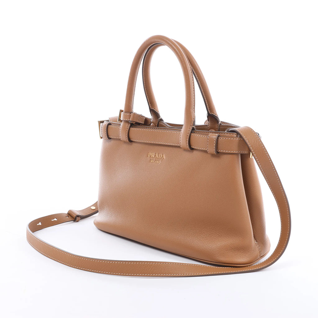 Prada Buckle Soft Grain Leather Small 2Way Handbag in Brown 1BA418