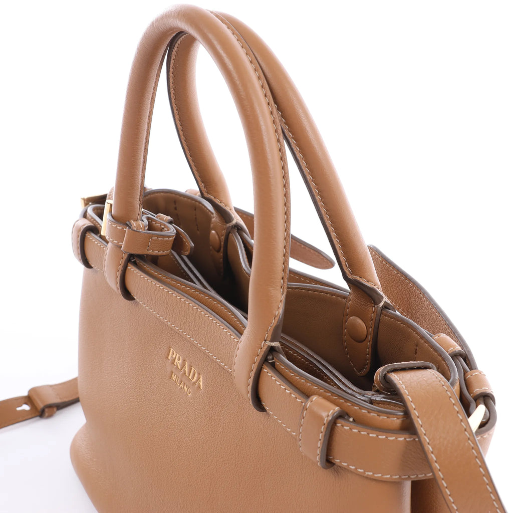 Prada Buckle Soft Grain Leather Small 2Way Handbag in Brown 1BA418