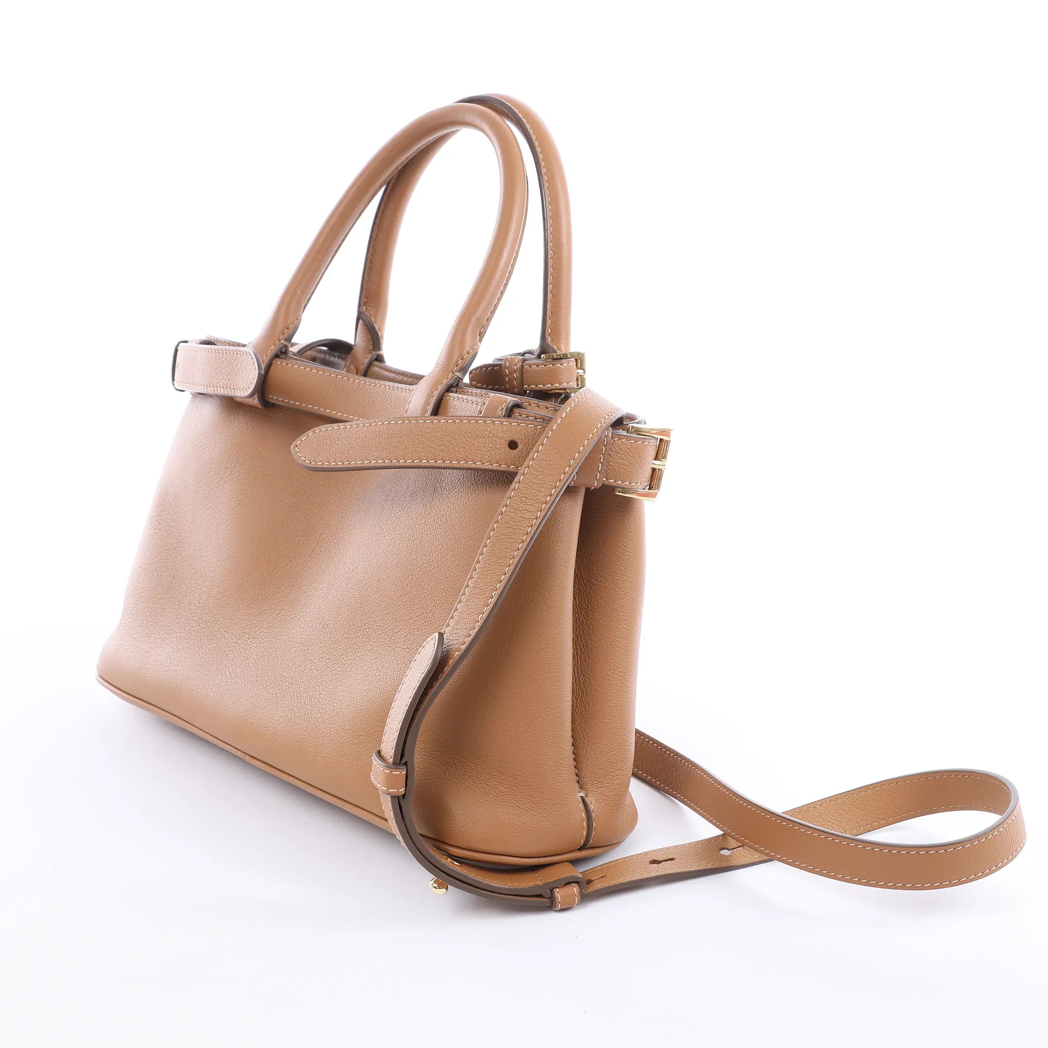 Prada Buckle Soft Grain Leather Small 2Way Handbag in Brown 1BA418