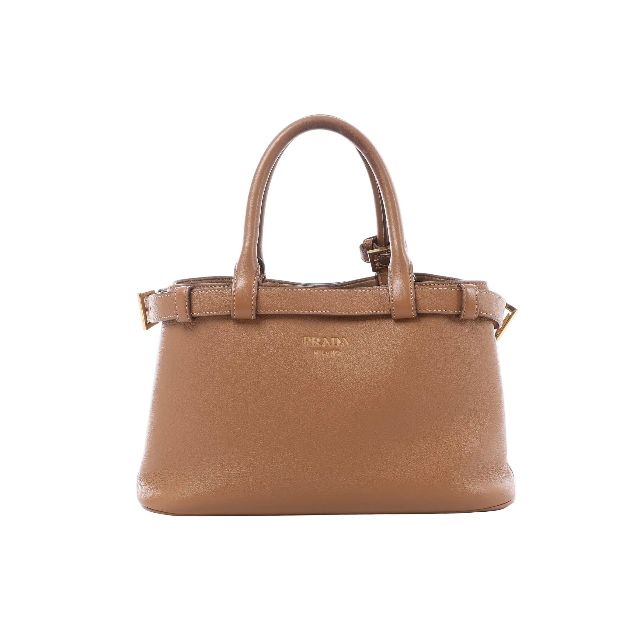 Prada small brown soft-grain leather handbag with top handles, buckle strap details, gold-tone hardware, and embossed Prada Milano logo on white background.