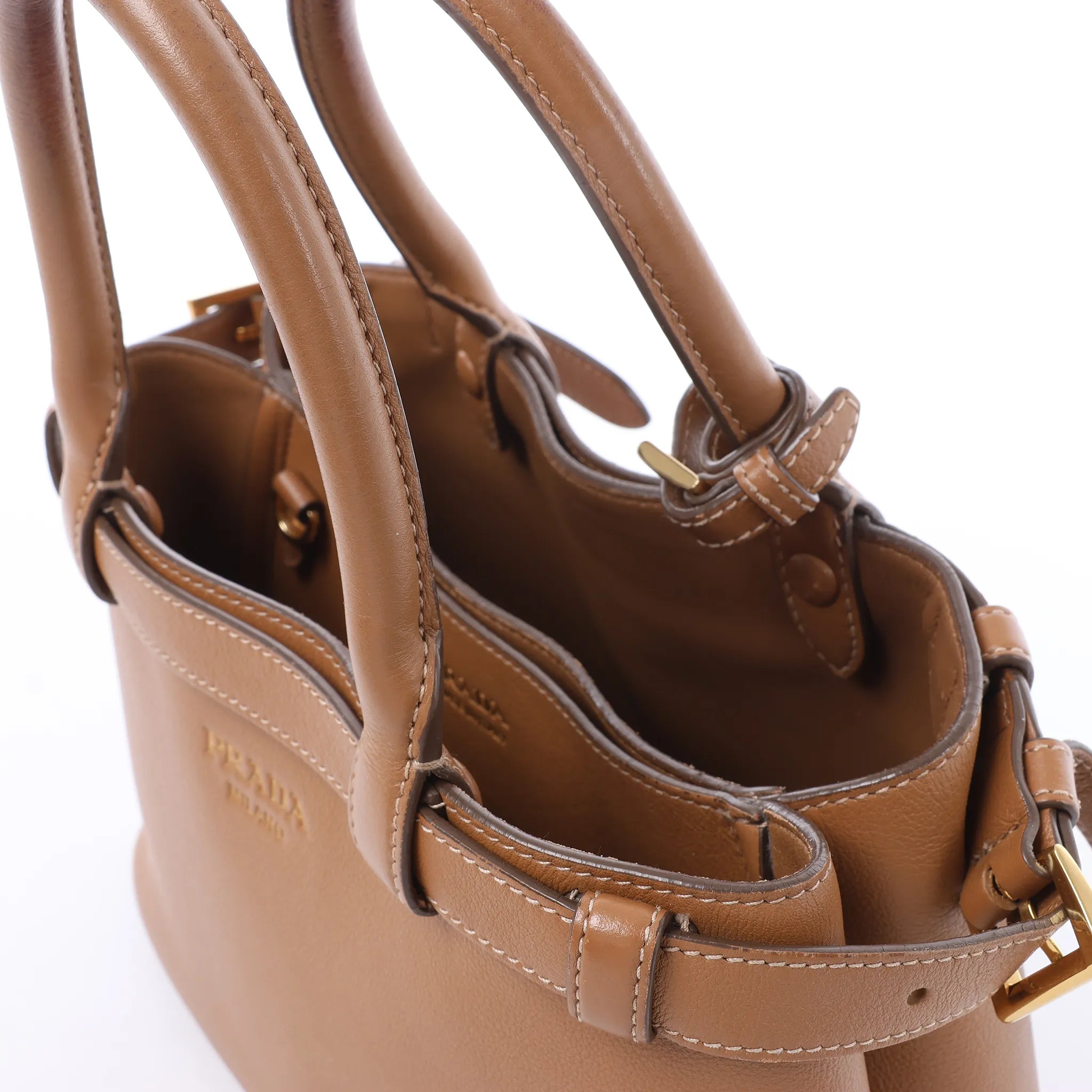 Prada Buckle Soft Grain Leather Small Handbag in Brown