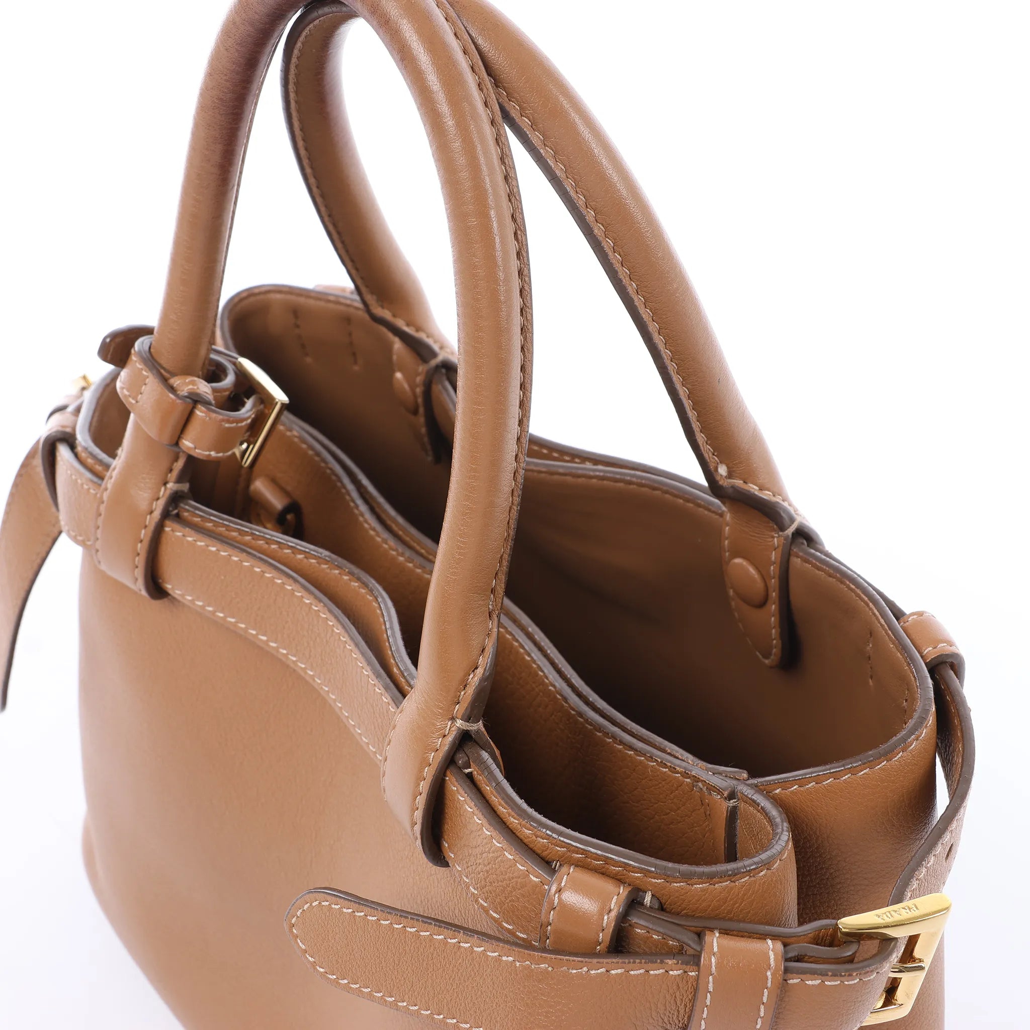 Prada Buckle Soft Grain Leather Small Handbag in Brown