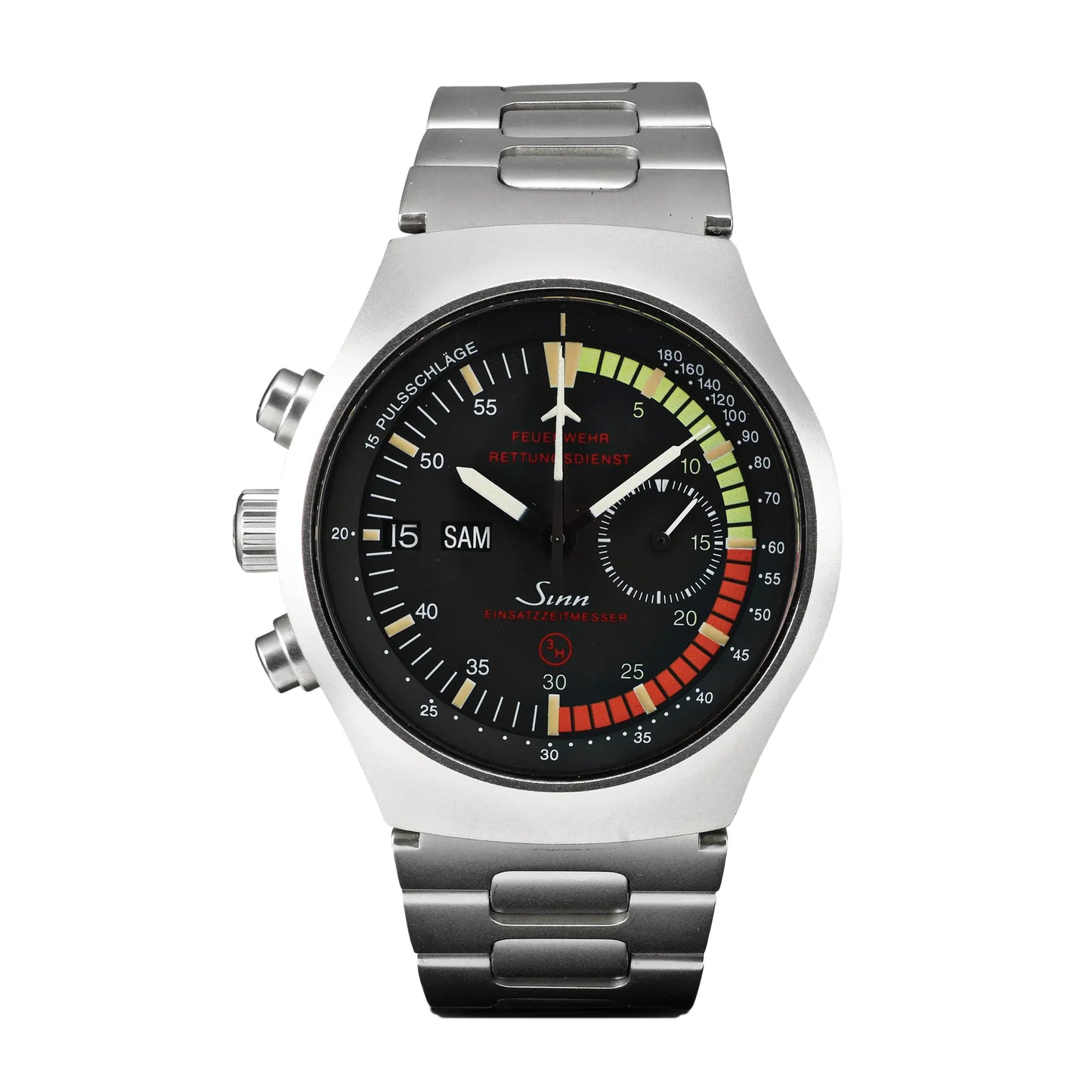 SINN Achilles Chronograph 157.EZM-4 157.12859 automatic watch with black dial, day-date display, multicolor timing scale, and stainless steel case and bracelet, shown on a white background.