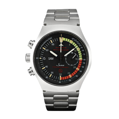 SINN Achilles Chronograph 157.EZM-4 157.12859 automatic watch with black dial, day-date display, multicolor timing scale, and stainless steel case and bracelet, shown on a white background.
