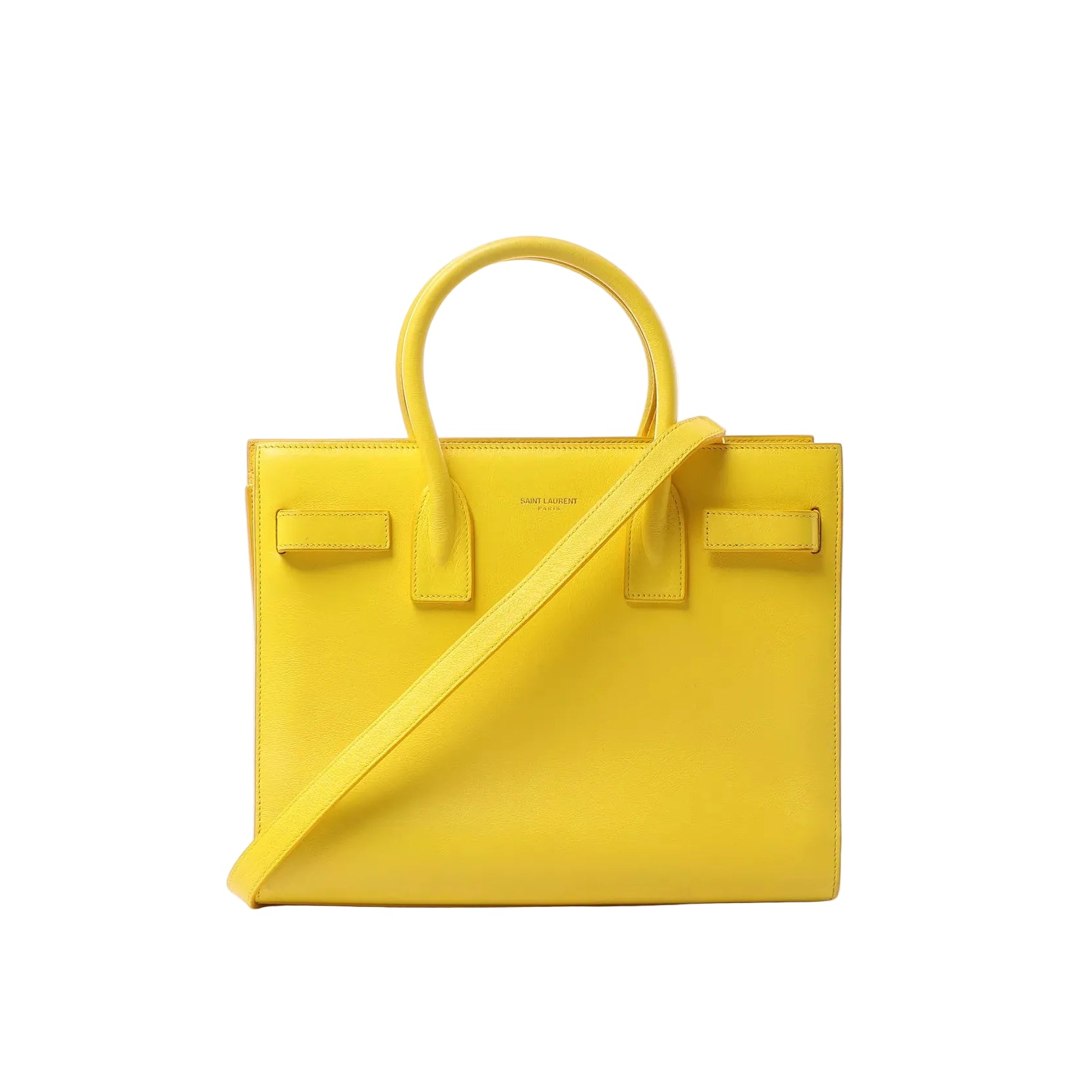 Yellow Saint Laurent Sac de Jour Nano leather tote with structured shape, double top handles, and detachable shoulder strap