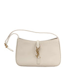 Saint Laurent Le 5 à 7 Small Shoulder Bag 657228 in white smooth leather featuring a curved silhouette, adjustable strap, and gold-tone YSL logo hardware.