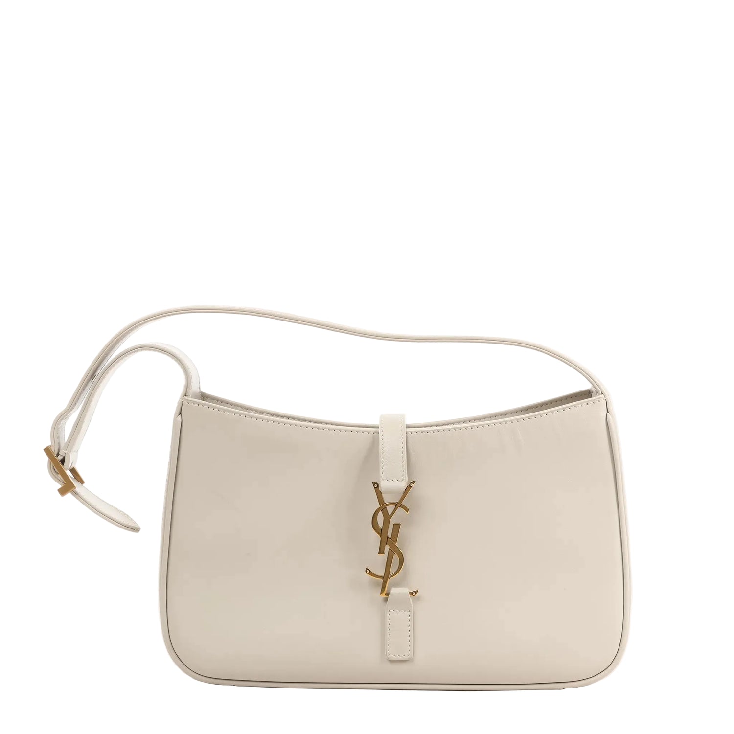 Saint Laurent Le 5 à 7 Small Shoulder Bag 657228 in white smooth leather featuring a curved silhouette, adjustable strap, and gold-tone YSL logo hardware.