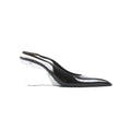 Side view of Saint Laurent black leather slingback heel with pointed toe and transparent wedge heel.