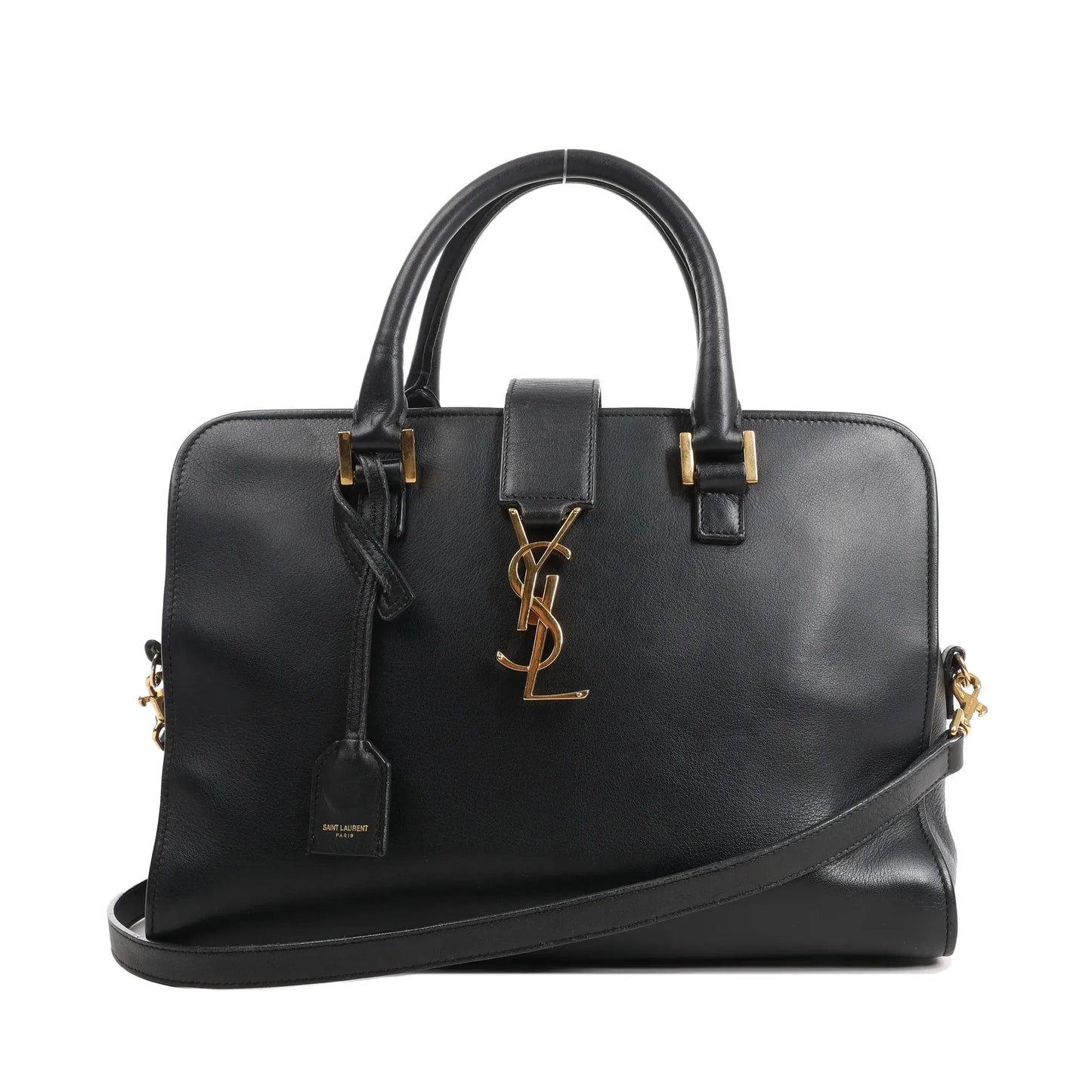 Saint Laurent Monogram Cabas black leather handbag with gold YSL logo, top handles, and detachable shoulder strap.