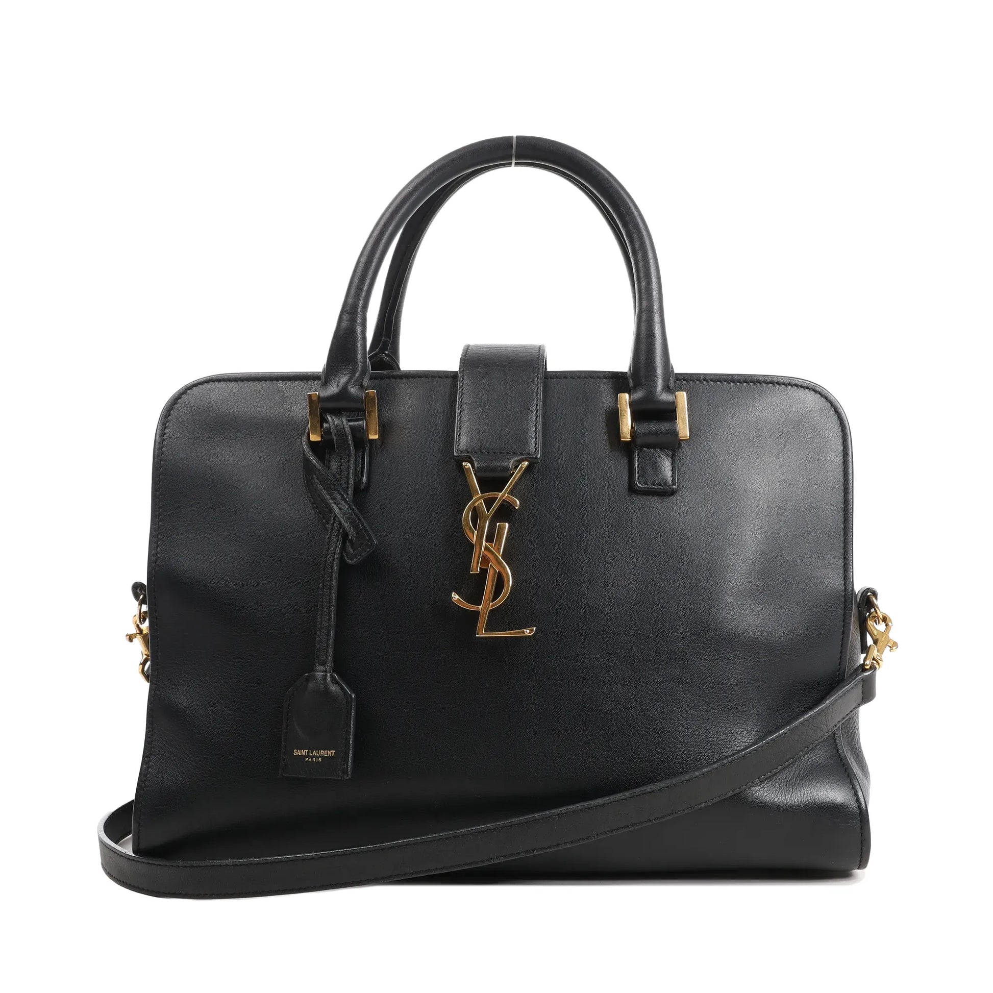 Saint Laurent Monogram Cabas black leather handbag with gold YSL logo, top handles, and detachable shoulder strap.