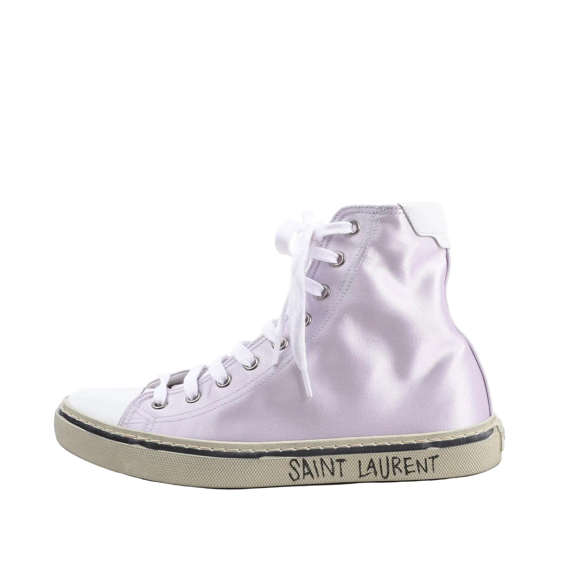 Saint Laurent Paris Malibu Satin High-top Sneakers in metallic purple featuring a shiny satin finish, white laces, rubber sole with “Saint Laurent” text, and white toe cap, displayed on a white background.
