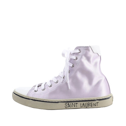 Saint Laurent Paris Malibu Satin High-top Sneakers in metallic purple featuring a shiny satin finish, white laces, rubber sole with “Saint Laurent” text, and white toe cap, displayed on a white background.