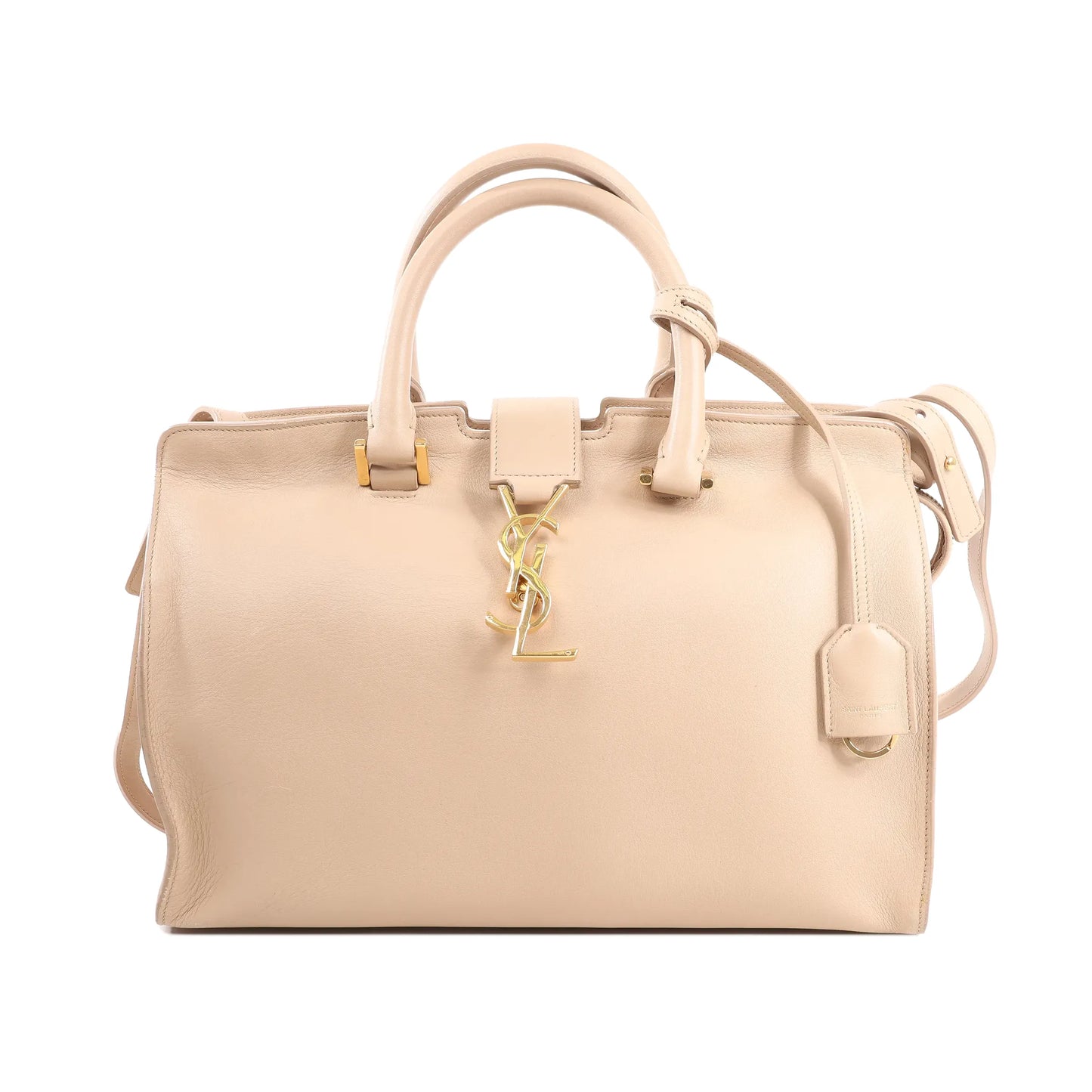 Saint Laurent Paris Baby Cabas 394461 handbag in beige leather with gold YSL logo, dual top handles, detachable shoulder strap, and structured silhouette.
