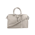 Gray Saint Laurent Baby Cabas leather handbag with double top handles, detachable shoulder strap, silver-tone YSL logo charm, and hanging leather clochette.