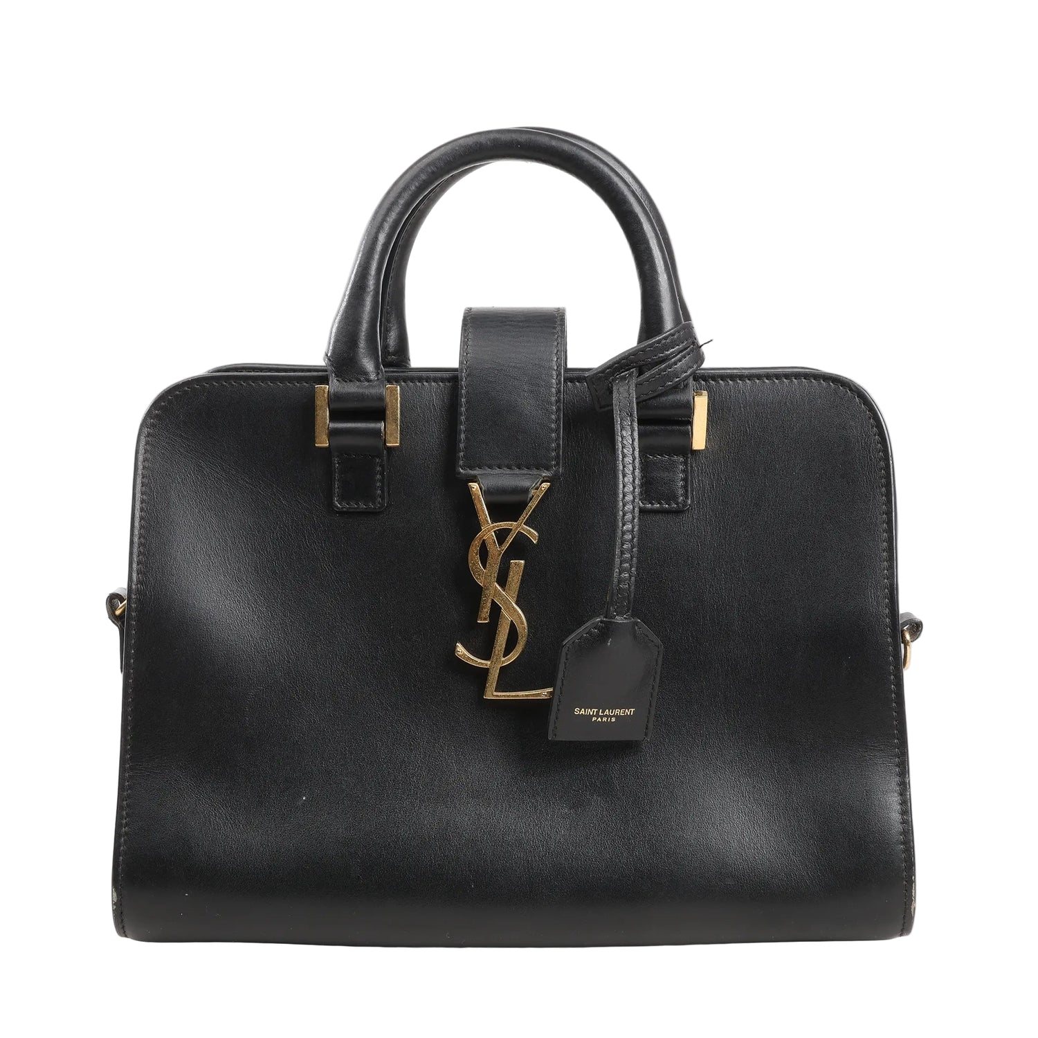 Saint Laurent Paris Baby Cabas handbag in smooth black leather with structured top handles, gold YSL logo hardware, and leather luggage tag.
