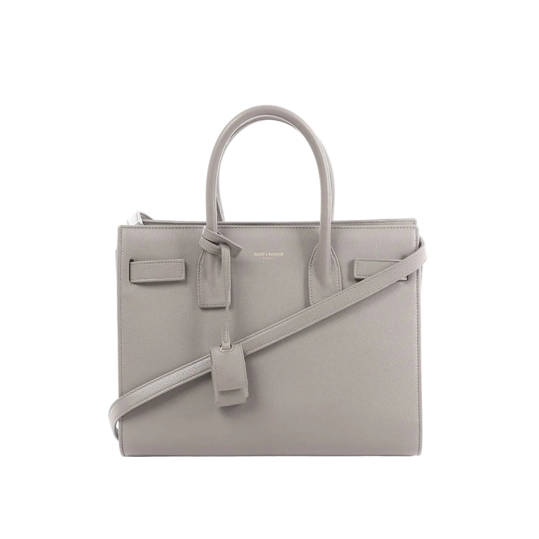 Gray Saint Laurent Baby Sac de Jour leather handbag with double top handles, detachable shoulder strap, embossed logo, and hanging leather clochette.