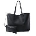 Saint Laurent black grained leather shopping tote with long shoulder straps, silver-tone logo, leather tag and detachable zip pouch.