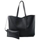 Saint Laurent black grained leather shopping tote with long shoulder straps, silver-tone logo, leather tag and detachable zip pouch.