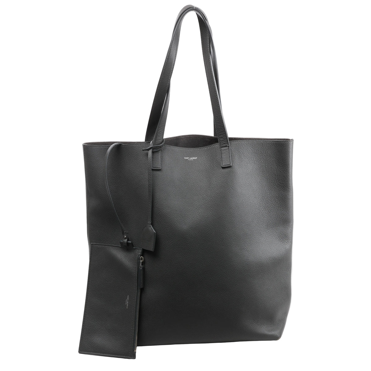 Gray Saint Laurent Bold grainy leather tote bag with long shoulder straps, small front logo and coordinating hanging zip pouch.