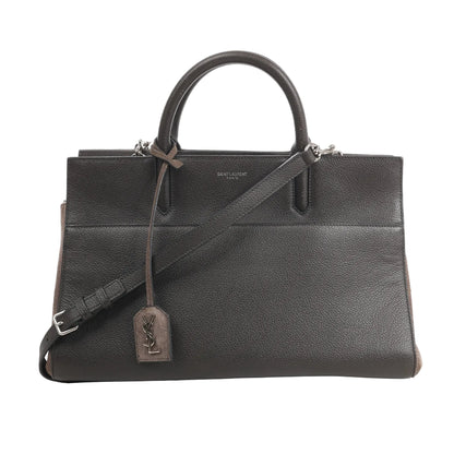 Saint Laurent Cabas Rive Gauche 436620 handbag in dark gray textured leather with suede side panels, dual top handles, detachable shoulder strap, and YSL logo tag.