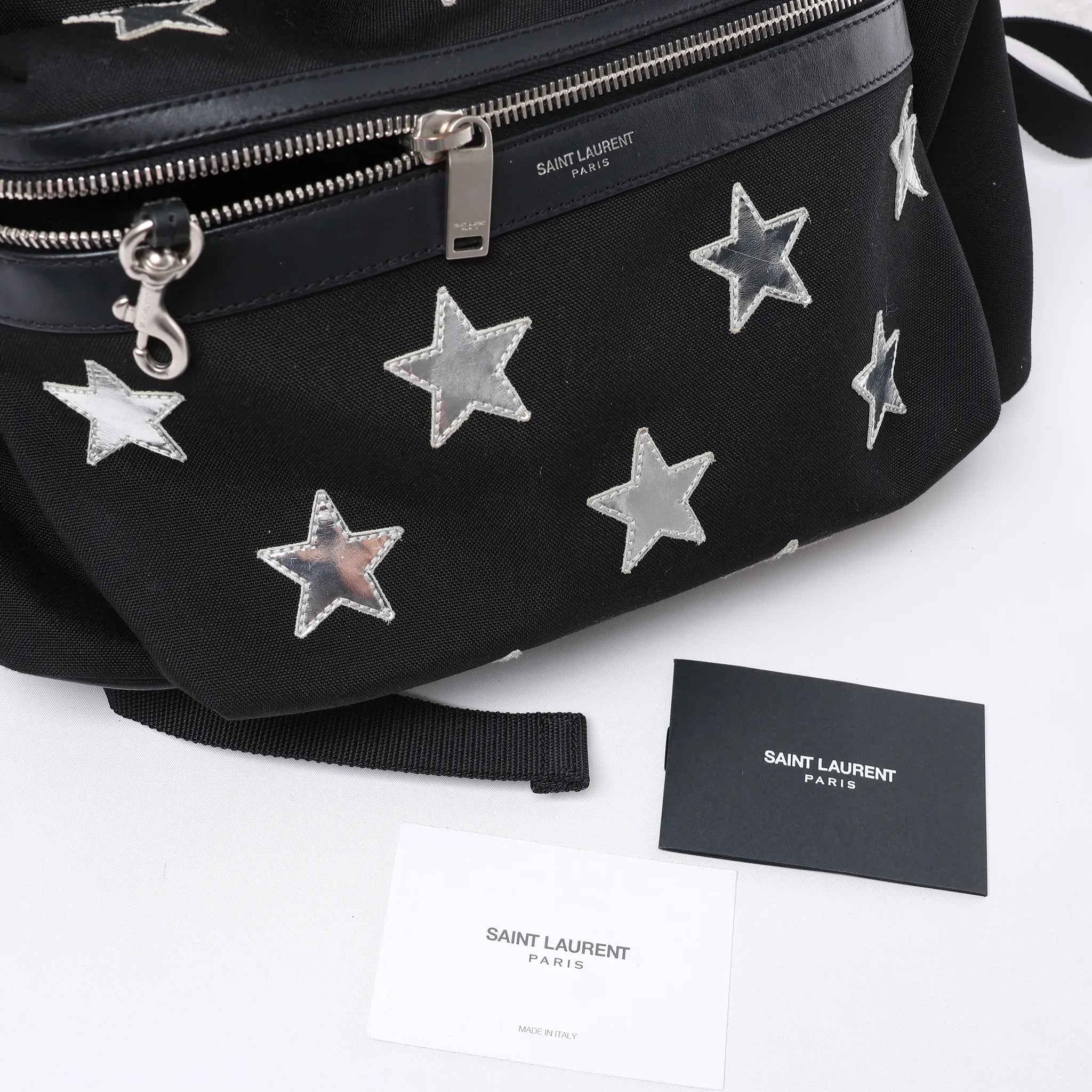 Saint Laurent Paris City Canvas & Leather Backpack in Black × Silver 534968