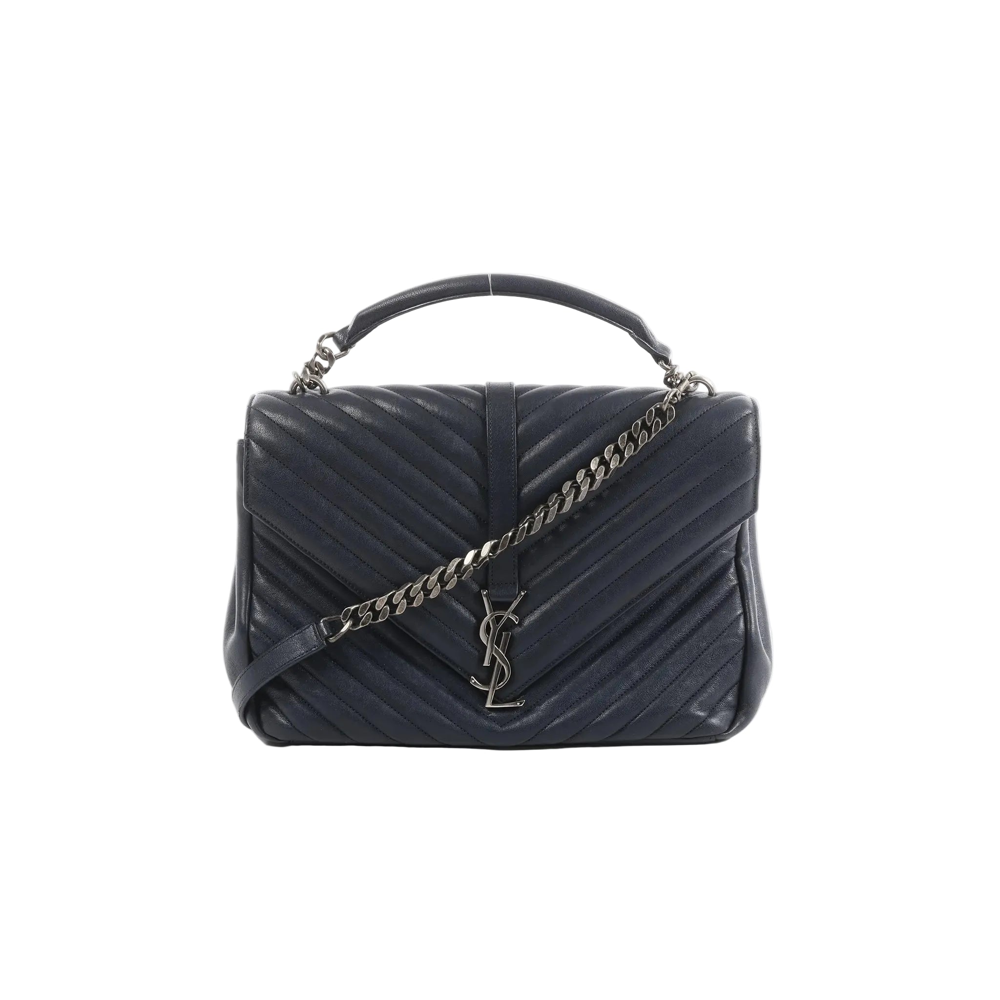 Saint Laurent College navy chevron-quilted leather handbag with top handle, silver-tone chain strap, and YSL monogram on front flap, front view on white background.