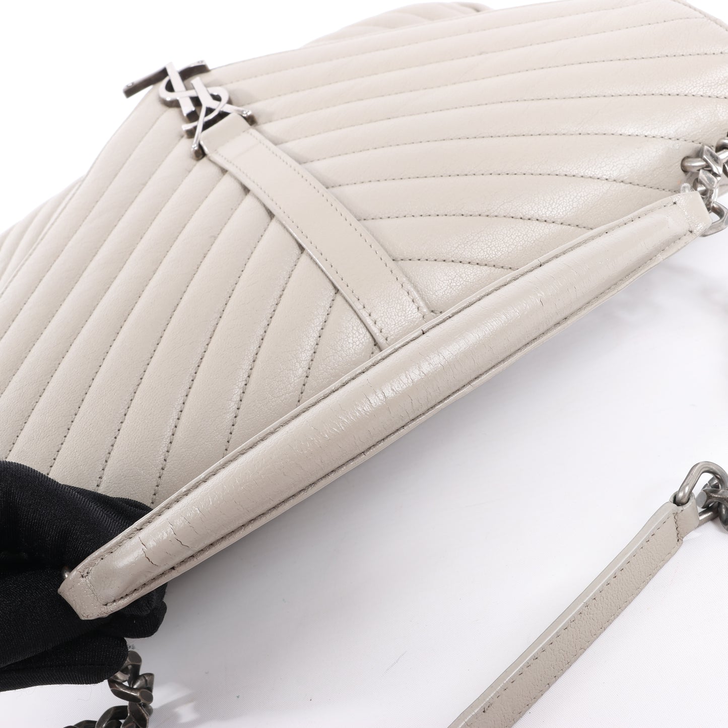 Sac bandoulière chaîne en cuir Saint Laurent Paris College, gris 392738