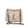 Saint Laurent College beige chevron-quilted leather bag with silver-tone YSL monogram and dark chain shoulder strap, front view on white background
