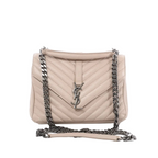 Saint Laurent College beige chevron-quilted leather bag with silver-tone YSL monogram and dark chain shoulder strap, front view on white background