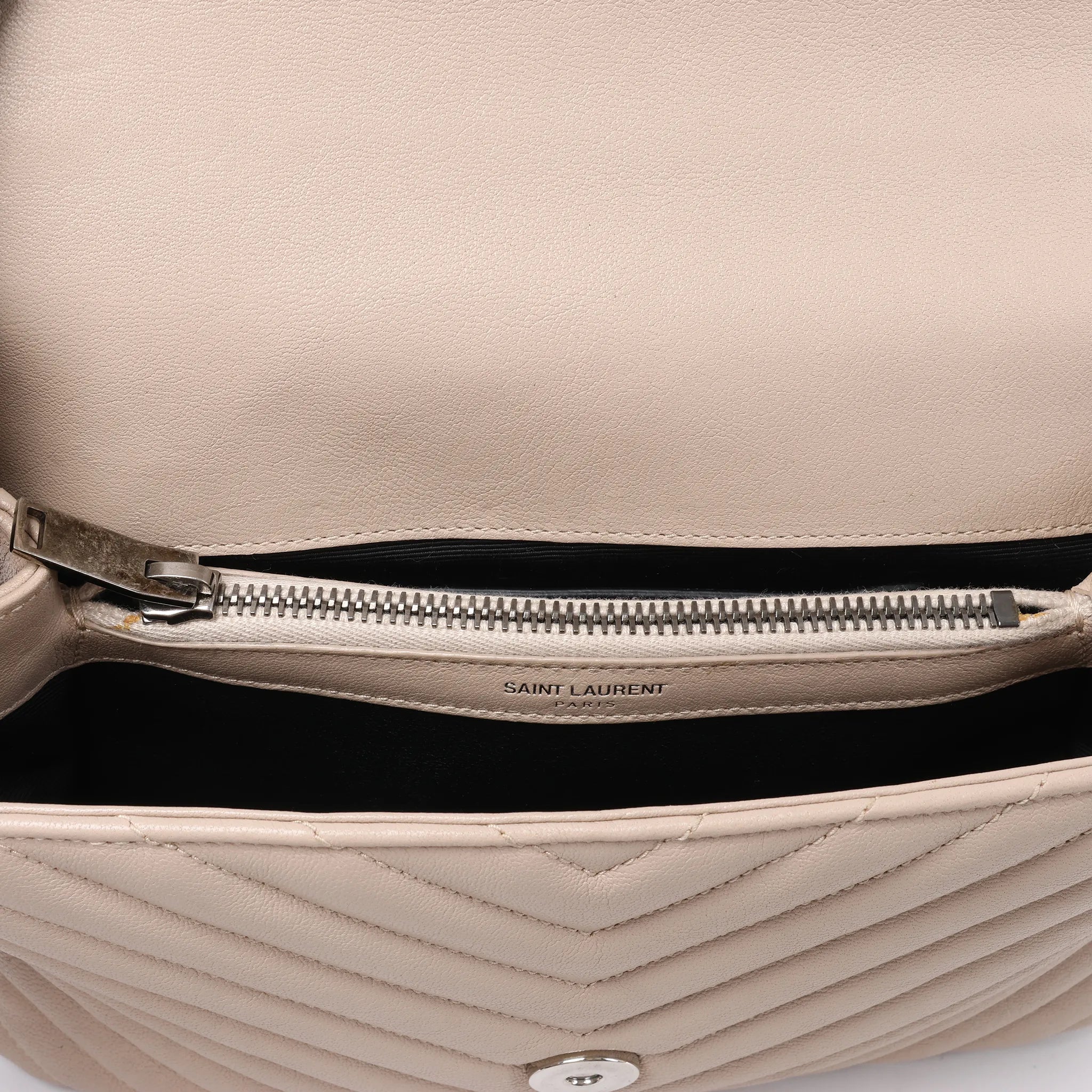 Saint Laurent Paris College Monogramme Leather Chain Crossbody Bag in Beige 428056