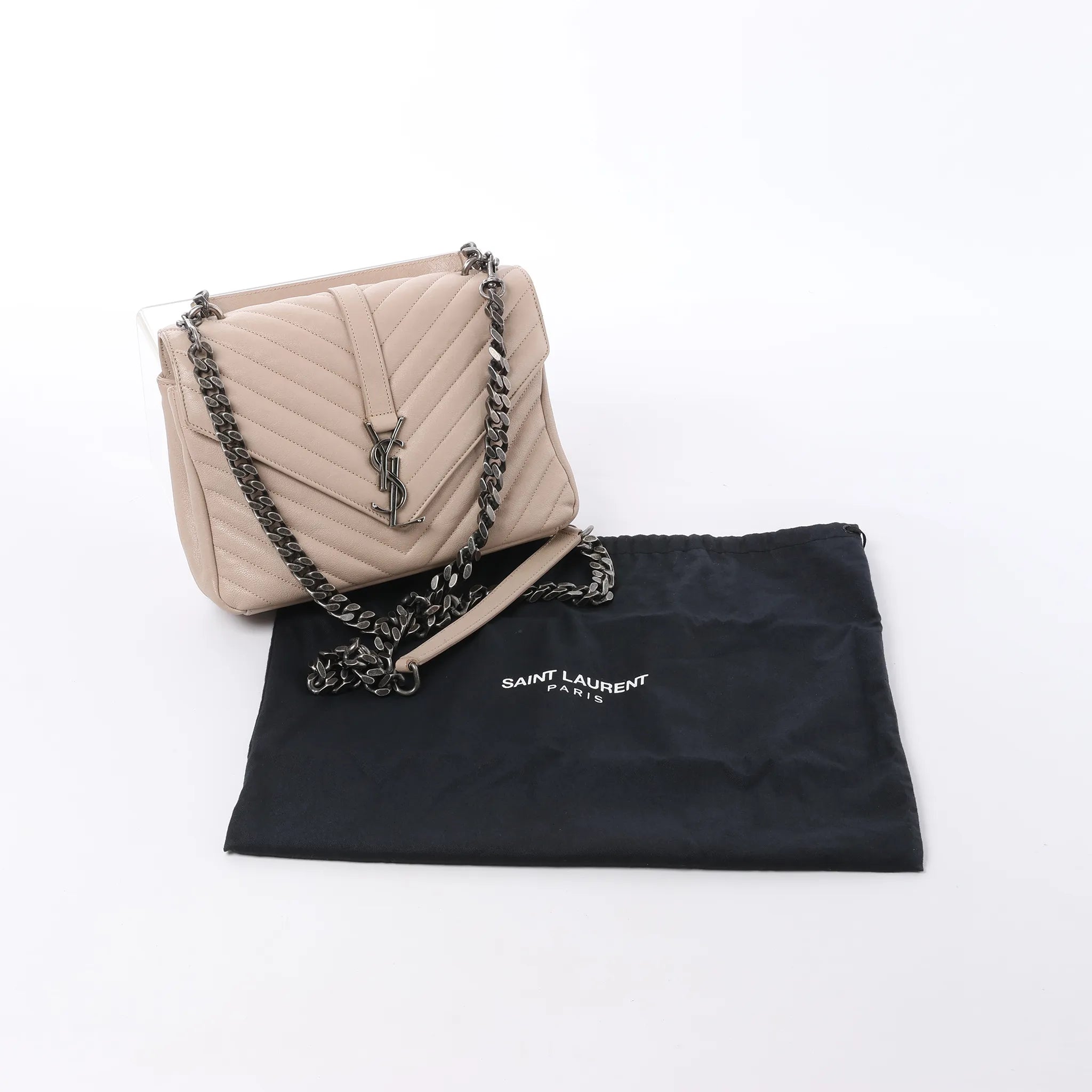 Saint Laurent Paris College Monogramme Leather Chain Crossbody Bag in Beige 428056