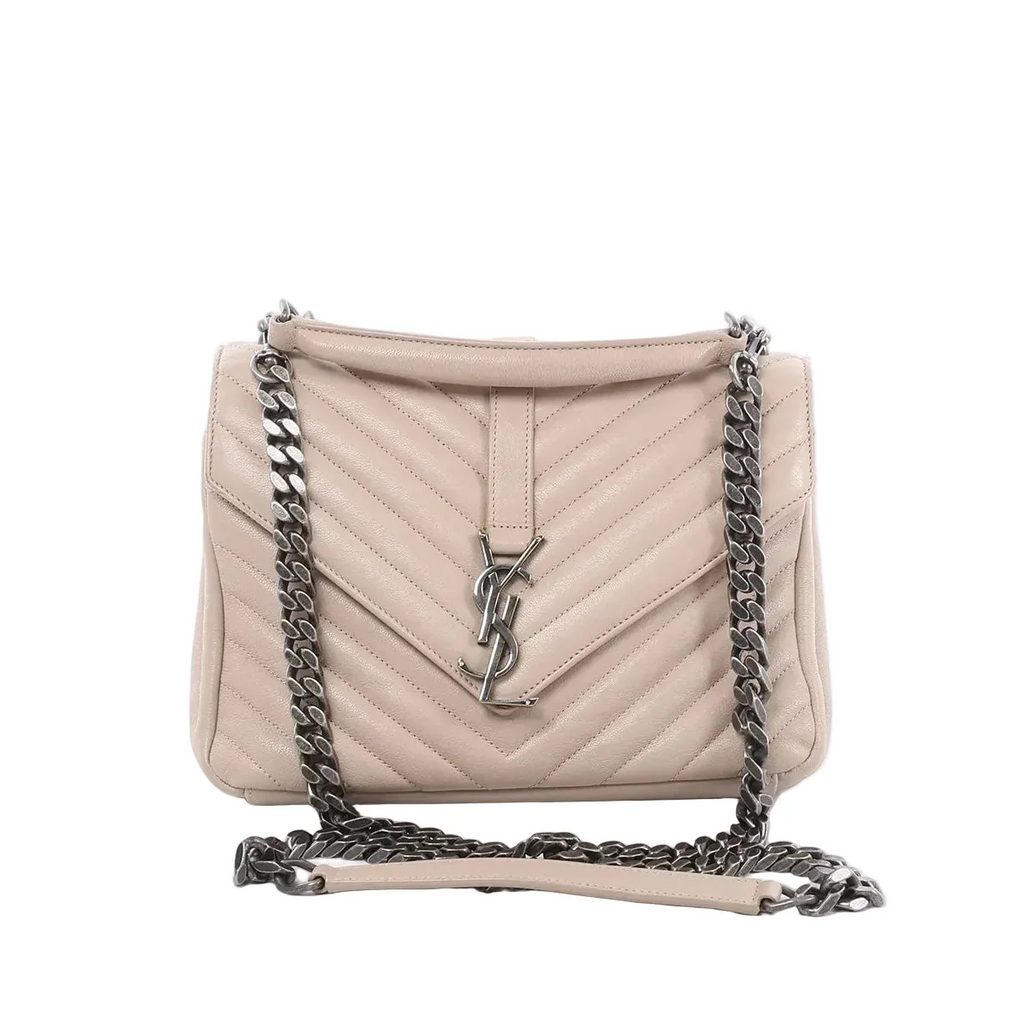 Saint Laurent College beige chevron-quilted leather bag with silver-tone YSL monogram and dark chain shoulder strap, front view on white background