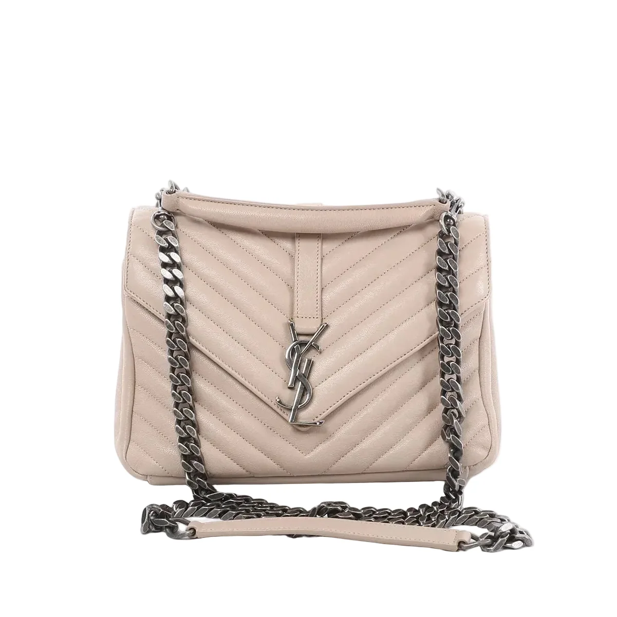Saint Laurent College beige chevron-quilted leather bag with silver-tone YSL monogram and dark chain shoulder strap, front view on white background