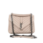 Saint Laurent College beige chevron-quilted leather bag with silver-tone YSL monogram and dark chain shoulder strap, front view on white background
