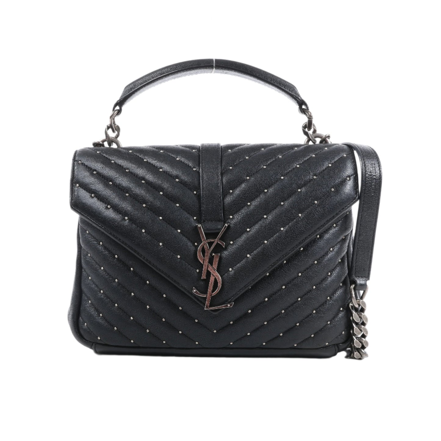 Black quilted handbag with chain detail on a white background