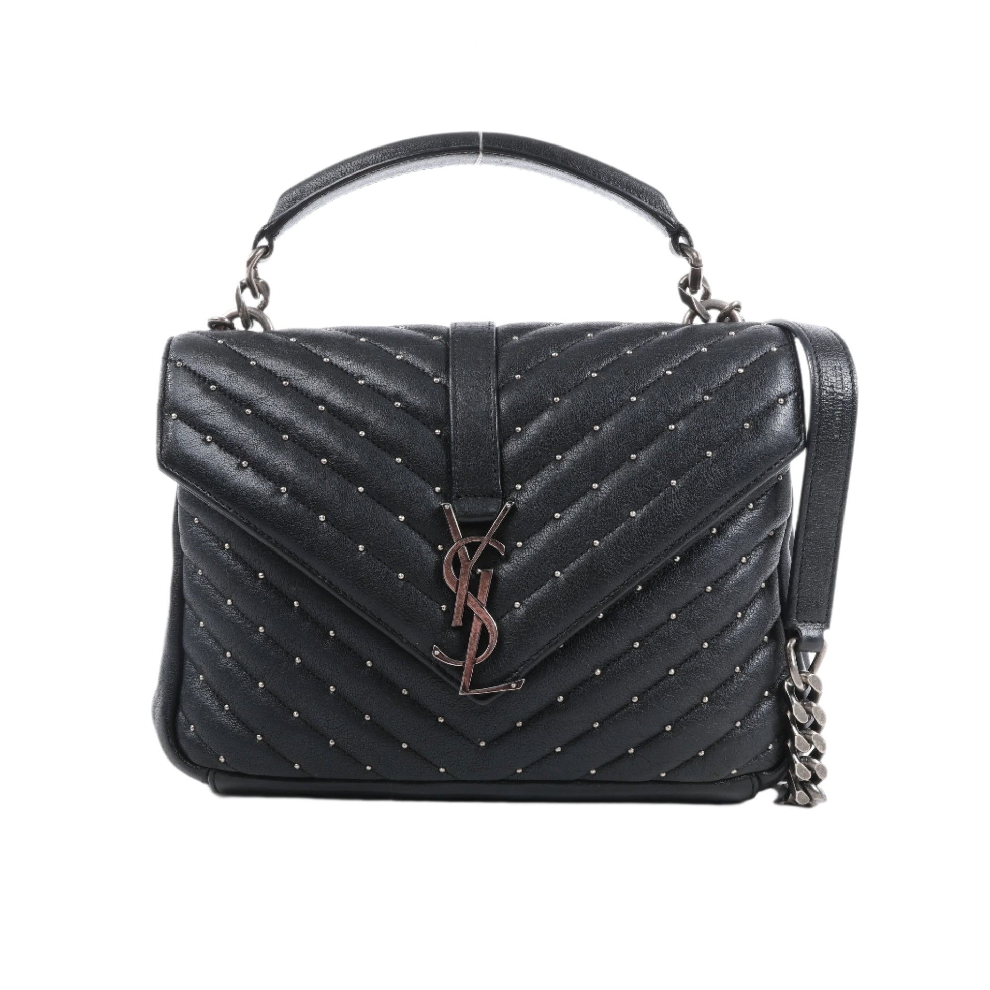 Black quilted handbag with chain detail on a white background