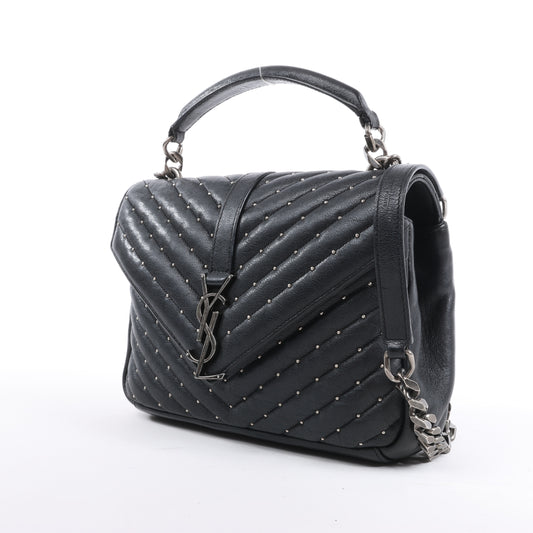 Sac bandoulière en cuir et strass Saint Laurent Paris College, noir 428056
