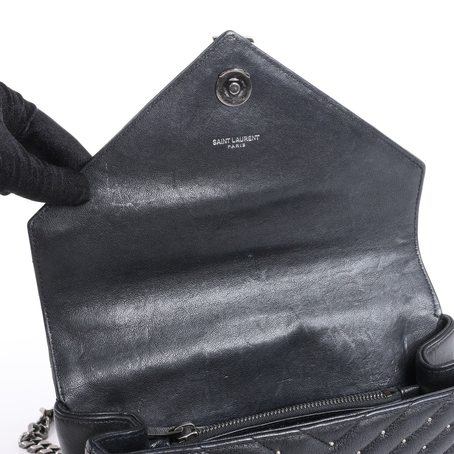 Sac bandoulière en cuir et strass Saint Laurent Paris College, noir 428056