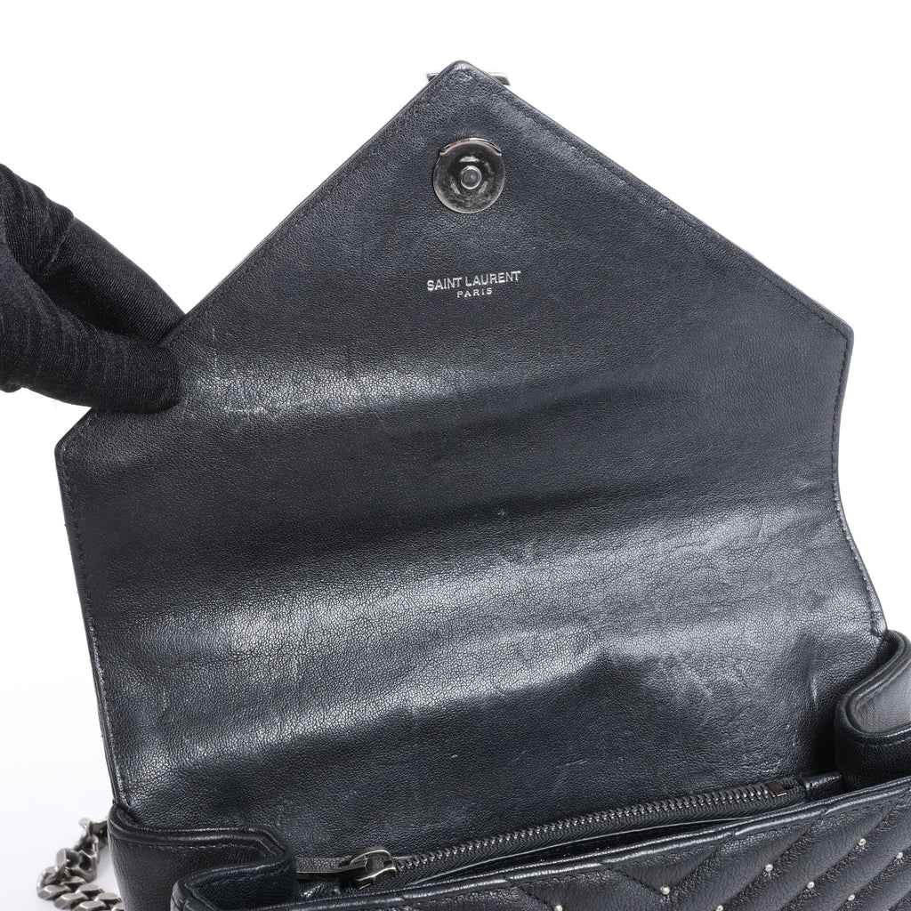 Saint Laurent Paris College Leather x Rhinestone Chain Shoulder Bag in Black 428056